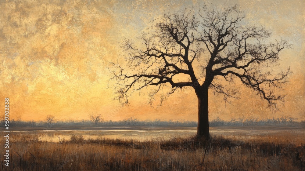 Silhouette of Tree Against Sunset in Landscape Silhouette of Tree Against Sunset in Landscape