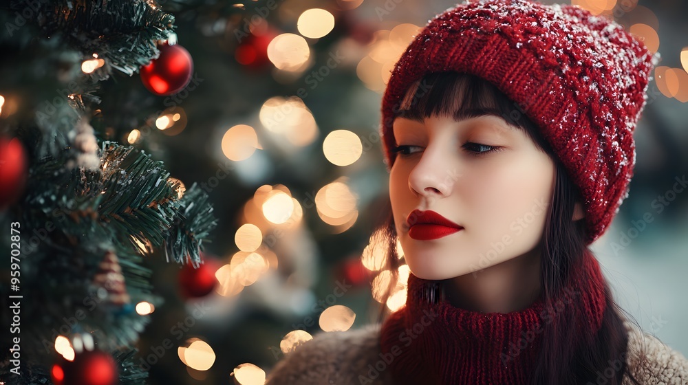 A young woman with a cozy red hat and sweater gazes thoughtfully beside a beautifully decorated Christmas tree, surrounded by warm bokeh lights. A young woman with a cozy red hat and sweater gazes thoughtfully beside a beautifully decorated Christmas tree, surrounded by warm bokeh lights.