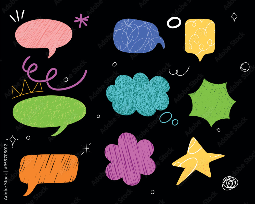Speech bubbles abstract with different textures in trendy style vector background. Colorful retro groovy shapes on a black background. Vector illustration in cartoon style 90s, 00s Speech bubbles abstract with different textures in trendy style vector background. Colorful retro groovy shapes on a black background. Vector illustration in cartoon style 90s, 00s