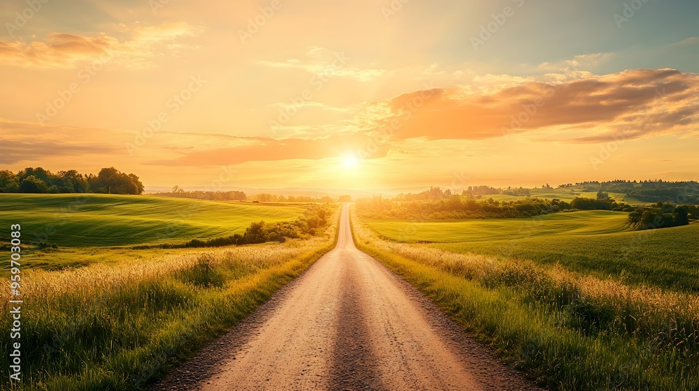 Winding Dirt Road Leading to Distant Horizon at Stunning Sunset Scenery Winding Dirt Road Leading to Distant Horizon at Stunning Sunset Scenery