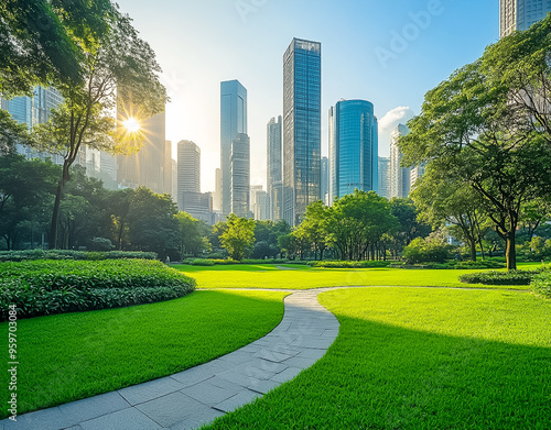 Green lawn with tall buildings behind.