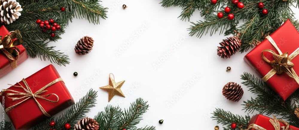 Christmas tree Christmas presents red and gold stars and cones on a white background Flat lay top view. with copy space image. Place for adding text or design Christmas tree Christmas presents red and gold stars and cones on a white background Flat lay top view. with copy space image. Place for adding text or design