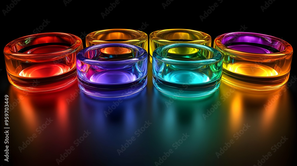 Colorful Glass Bowls with Reflections on Black Background Colorful Glass Bowls with Reflections on Black Background