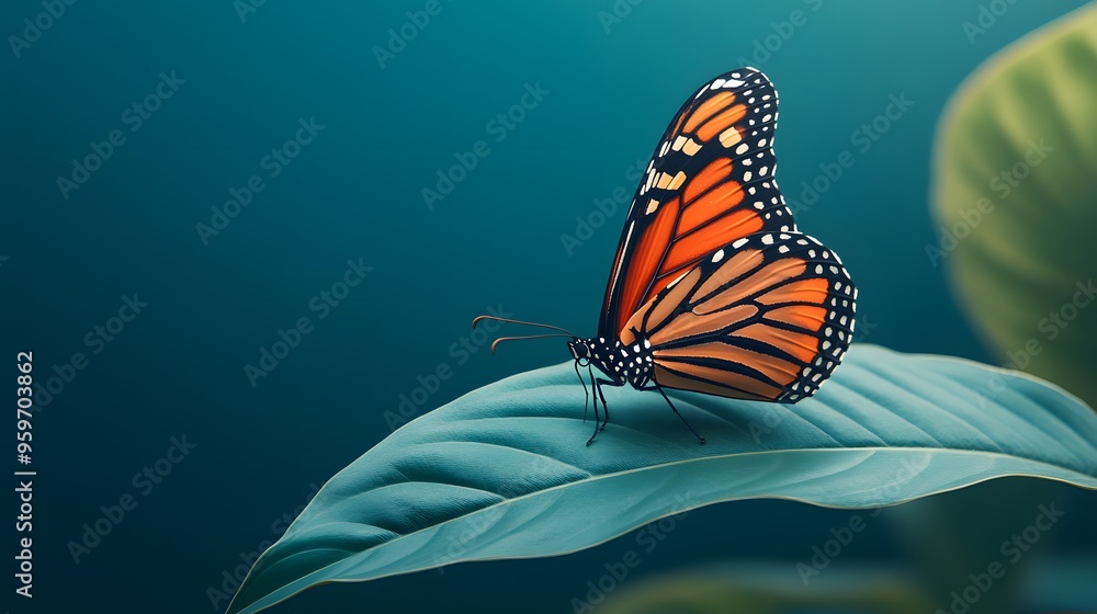 Fototapeta premium A vibrant monarch butterfly resting delicately on a lush green leaf against a soft, blurred background.