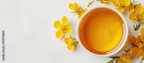 A bowl of honey with surepka flowers on a white background Surepka has antioxidant benefits and includes ascorbic acid Space for text. with copy space image. Place for adding text or design photo