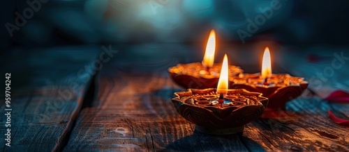 Buddhism Utilizing candles Yantra and the mantra in Sanskrit Om tare tuttare ture svoha which translates to thank Green Tara on a dark wooden background from a top view with copy space