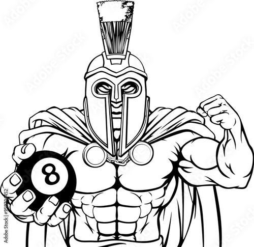 A spartan or trojan angry mean pool billiards mascot cartoon character holding a black 8 ball.
