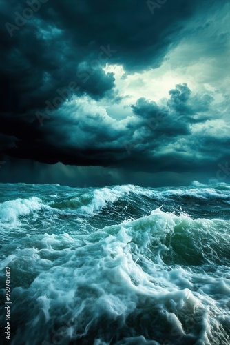 A dramatic seascape featuring turbulent waves under a moody sky, evoking a sense of nature's power and beauty.