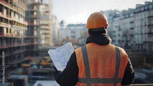 Wallpaper Mural Engineer Holding Blueprints and Inspecting Construction Site: An engineer in a safety vest and helmet holds blueprints while surveying a large construction site. Torontodigital.ca