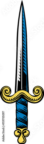 A sword or dagger medieval weapon design illustration in a vintage woodcut retro tattoo style