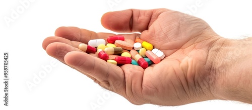 Hand holding antibiotic capsules or painkillers isolated on white Medicine concept close up of pills copyspace