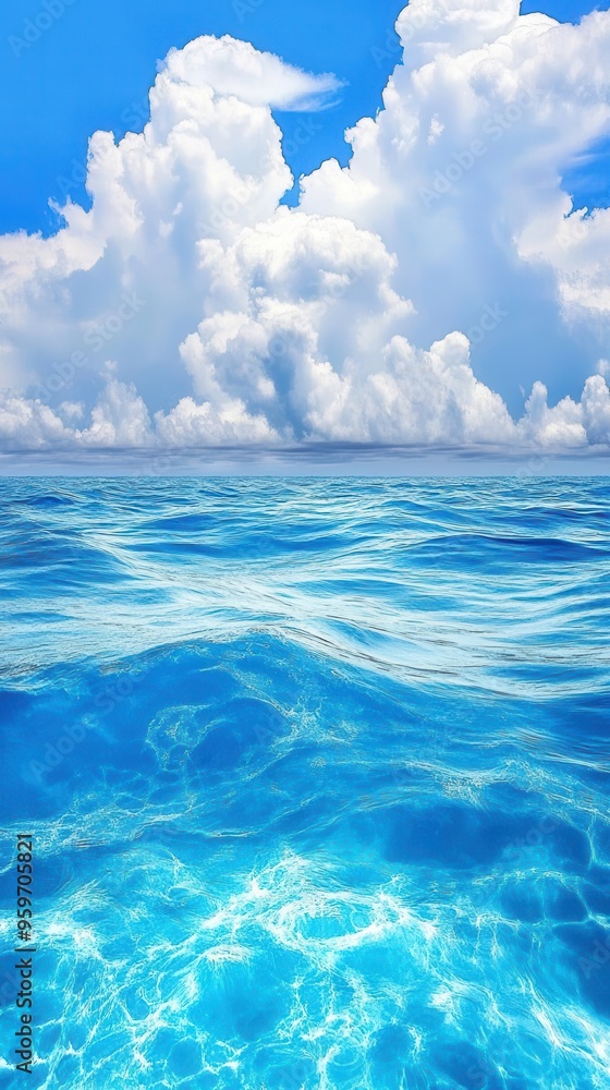 Obraz premium Vibrant blue ocean water under bright sky with fluffy clouds, perfect for showcasing tranquility and natural beauty.