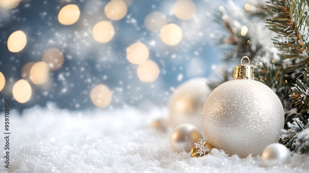 A sparkling silver Christmas ornament amidst snow and a festive pine tree backdrop, evoking a warm holiday spirit. A sparkling silver Christmas ornament amidst snow and a festive pine tree backdrop, evoking a warm holiday spirit.