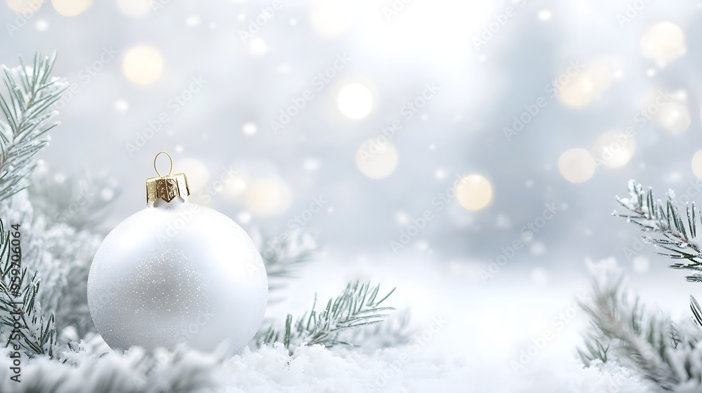 Fototapeta premium A sparkling white Christmas ornament nestled among frosted evergreen branches with a soft, blurred background of snowy bokeh lights.