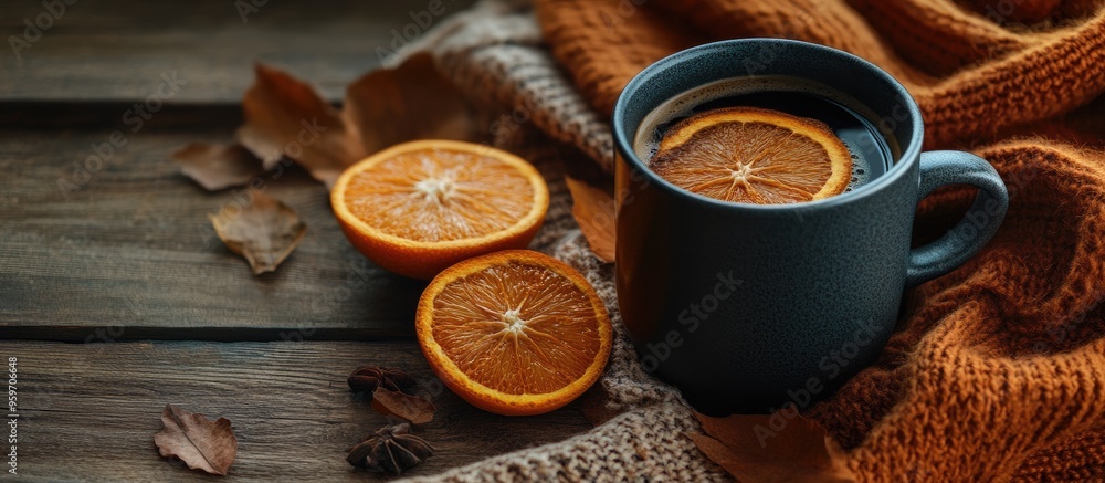 Iron mug filled with black coffee spices and dry oranges set against a backdrop of a scarf and dry leaves on a wooden table Autumn vibe a comforting drink Copy space Iron mug filled with black coffee spices and dry oranges set against a backdrop of a scarf and dry leaves on a wooden table Autumn vibe a comforting drink Copy space