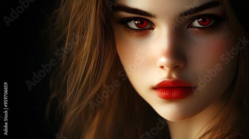 Wallpaper Mural A striking close-up portrait of a young woman with captivating red eyes and full lips, exuding an air of mystery and allure. Torontodigital.ca