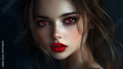 Wallpaper Mural A close-up portrait of a young woman with striking red eyes and vibrant red lips, set against a dark backdrop, conveying a captivating and mysterious emotion. Torontodigital.ca