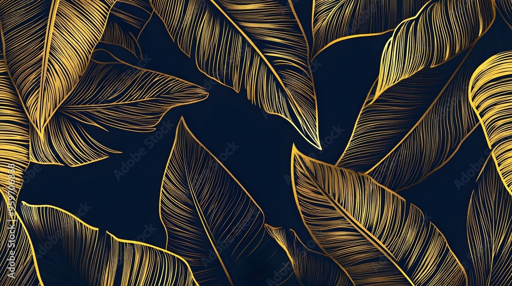 A stunning close-up of intricately detailed golden leaves set against a dark background, perfect for enhancing elegant and luxurious designs. A stunning close-up of intricately detailed golden leaves set against a dark background, perfect for enhancing elegant and luxurious designs.