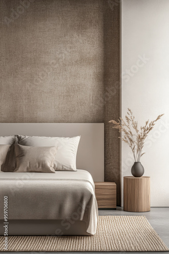 Minimalist Japanese inspired bedroom in beige tone with minimal decor and soft lighting. Contemporary Real Estate interior design composition