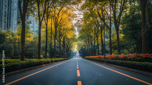 Empty Road Through Green Trees and Buildings