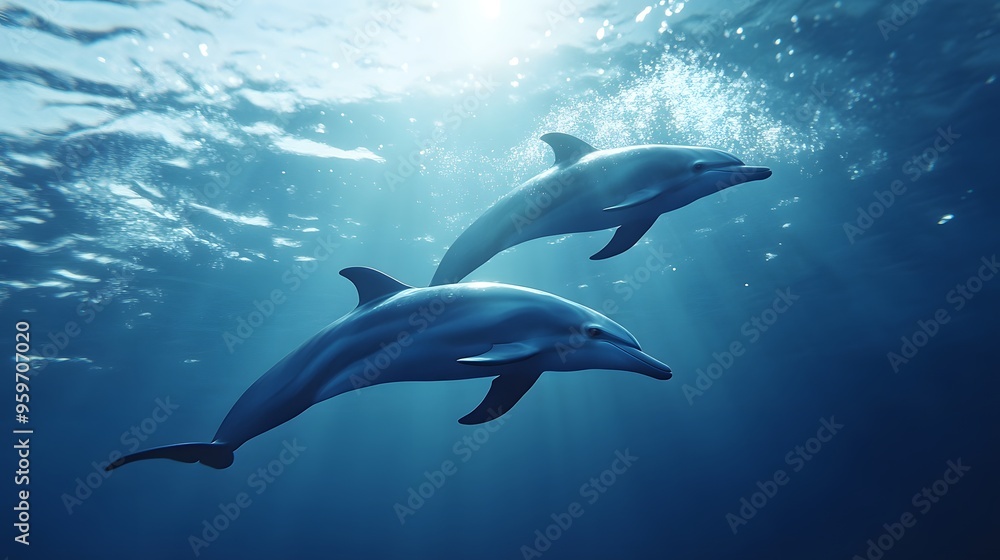 Two playful dolphins swimming gracefully underwater, surrounded by shimmering light rays. Two playful dolphins swimming gracefully underwater, surrounded by shimmering light rays.