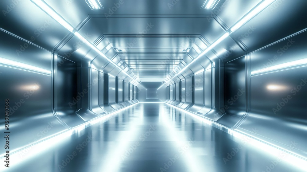 Futuristic metallic corridor with glowing light strips. Futuristic metallic corridor with glowing light strips.
