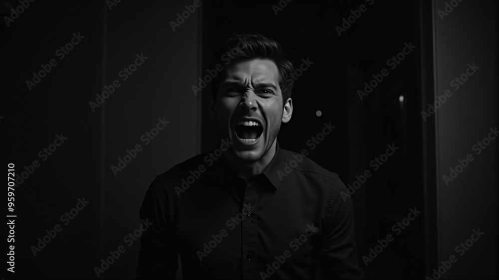Fototapeta premium A man in a dark room screams loudly