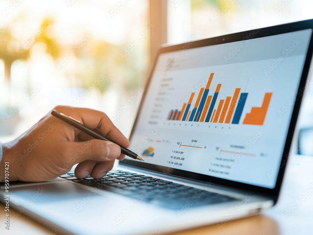 A hand points at a bar graph on a laptop screen, analyzing data and trends. A hand points at a bar graph on a laptop screen, analyzing data and trends.