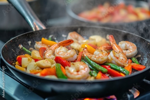 Close-up of a sizzling pan of vibrant stir-fried vegetables and shrimp in a professional kitchen, emphasizing fresh ingredients and culinary skills 