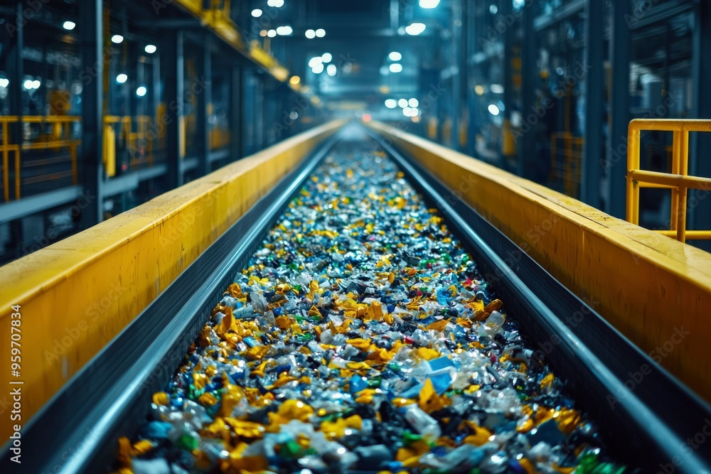 Conveyor Belt Filled with Plastic Scraps in a Recycling Plant Conveyor Belt Filled with Plastic Scraps in a Recycling Plant