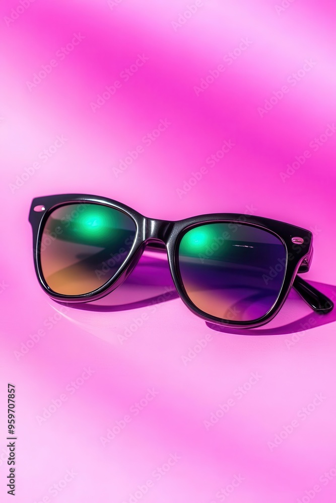 A pair of sunglasses with mirrored lenses, trendy summer fashion, minimalist design, isolated on white background A pair of sunglasses with mirrored lenses, trendy summer fashion, minimalist design, isolated on white background
