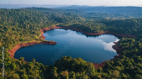 Aerial perspective of Banlungas crater lakes, surrounded by thick forests and red earth landscapes.