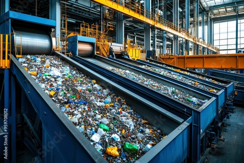 Conveyor Belts Transporting Plastic Waste in a Recycling Facility