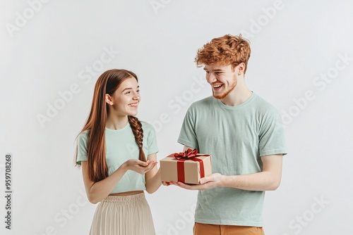 A joyful couple shares a special moment while exchanging a beautifully wrapped gift, embodying love and happiness. photo