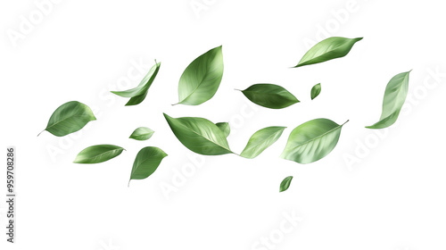 Green leaves falling transparent background