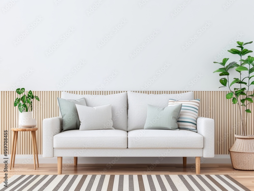A white sofa with pillows sits in a minimalist living room with wood accents and a striped rug. A potted plant stands beside the sofa. A white sofa with pillows sits in a minimalist living room with wood accents and a striped rug. A potted plant stands beside the sofa.