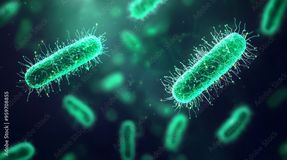 A highly detailed microscopic view of E. coli bacteria, with glowing rod-shaped cells floating in a transparent medium A highly detailed microscopic view of E. coli bacteria, with glowing rod-shaped cells floating in a transparent medium