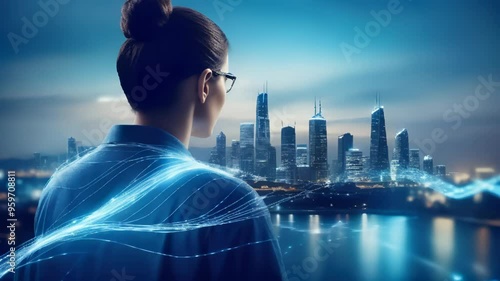 "Visionary Woman Overlooking Futuristic Cityscape"