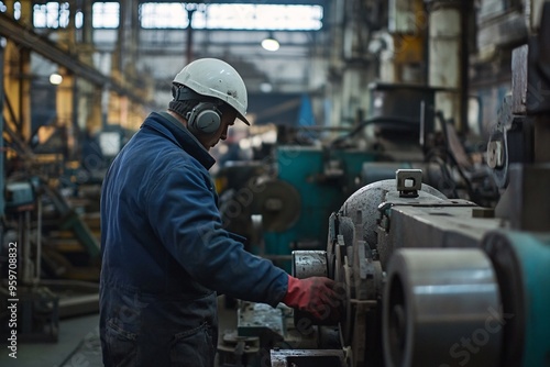 A worker in a factory wearing protective gear operates machinery, showcasing industry and safety in manufacturing.