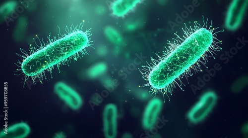 A highly detailed microscopic view of E. coli bacteria, with glowing rod-shaped cells floating in a transparent medium