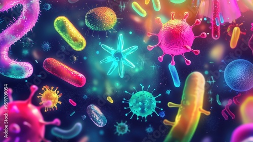A colorful illustration of various types of bacterial and viral pathogens, floating in a bright, semi-transparent liquid background with glowing edges