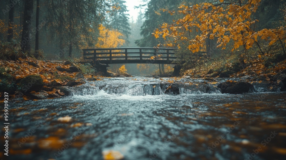 Fototapeta premium Autumn Forest Stream with Wooden Bridge