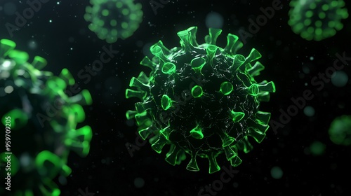 A 3D representation of the Zika virus, with its spherical shape and spike proteins, glowing in vibrant green on a black background photo