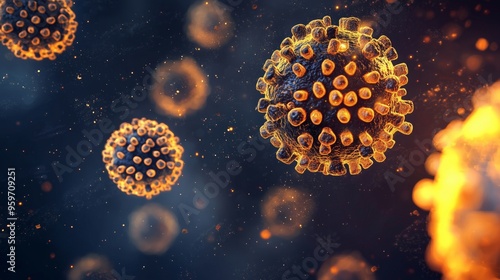 Microscopic view of hantavirus particles with their round, textured surfaces glowing in yellow and orange, floating in a dark liquid