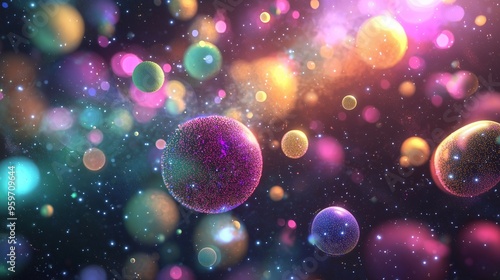 3D illustration of multi-colored fungal spores floating in air, with soft focus and glowing spores suspended in space