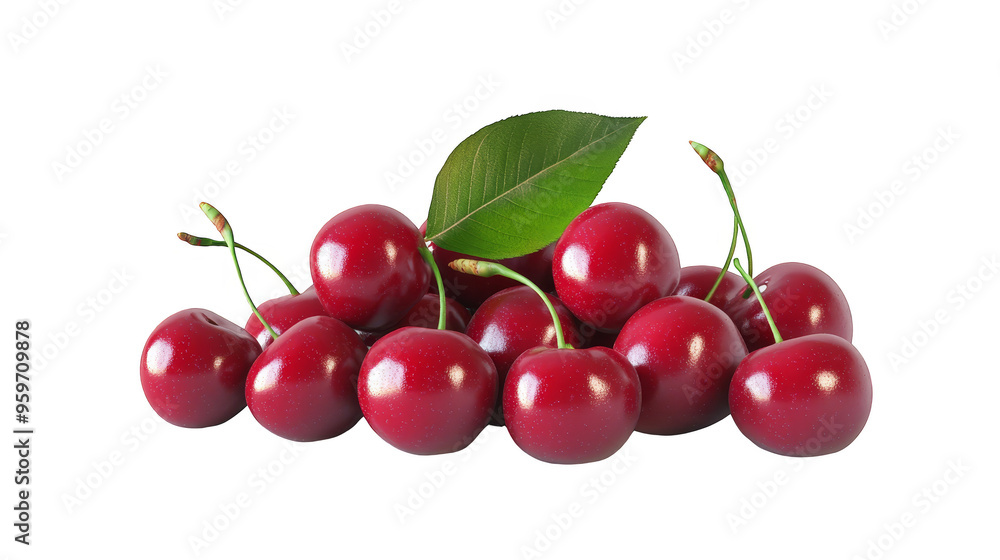 Fresh red cherries with green leaves isolated transparent background Fresh red cherries with green leaves isolated transparent background
