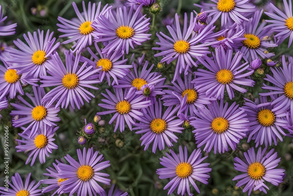 Purple aster blooms with daisy like petals and yellow centers, AI Generated Purple aster blooms with daisy like petals and yellow centers, AI Generated