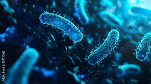 A detailed 3D view of rickettsia bacteria, with rod-shaped cells glowing in bright blue, floating in a fluid-like environment