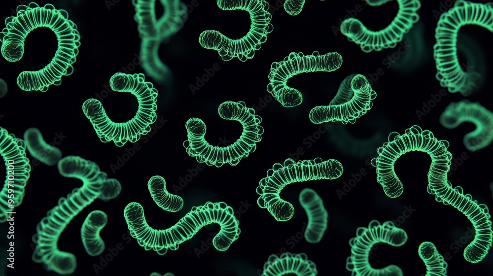 A detailed top view of Lyme disease bacteria, with their spiral shapes glowing in light green against a black background A detailed top view of Lyme disease bacteria, with their spiral shapes glowing in light green against a black background