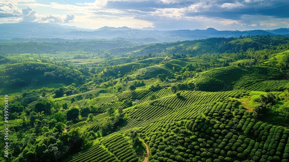 Aerial perspective of the lush coffee plantations on the rolling hills of the Bolaven Plateau. Aerial perspective of the lush coffee plantations on the rolling hills of the Bolaven Plateau.